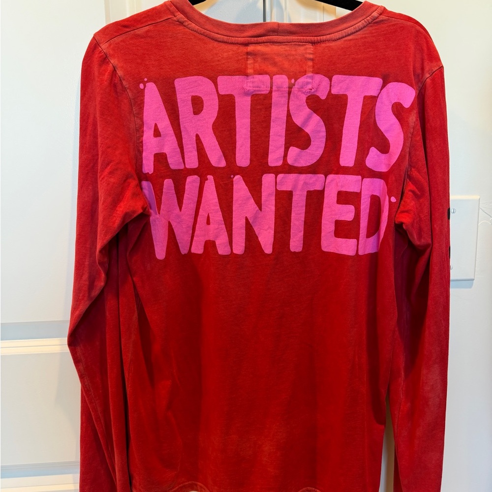 Freecity Distressed Red Long Sleeve Shirt with Pink 'Artists Wanted' Print
